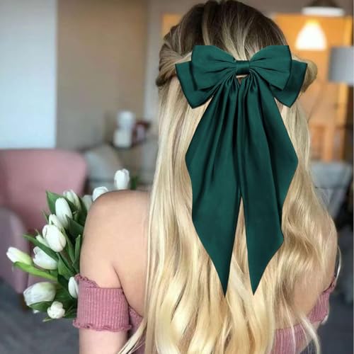 Lazos para el cabello para mujeres, lazo verde de raso sedoso con cola larga extragrande, grandes lazos para el cabello, pinzas metálicas para el cabello, accesorios para el cabello para niñas para fiestas (Verde) miniatura 5