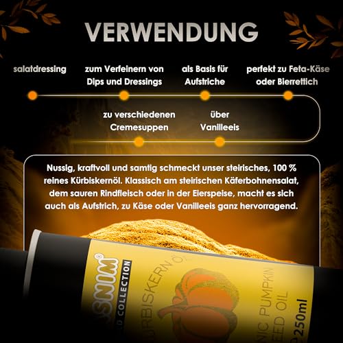 Bio Steirisches Kürbiskernöl – 100% Naturrein & Kaltgepresst – Premium Qualität für Haut und Haare oder Dressing in Salaten – Reich an Omega-3 & Omega-6 Fettsäuren – Hergestellt in Österreich