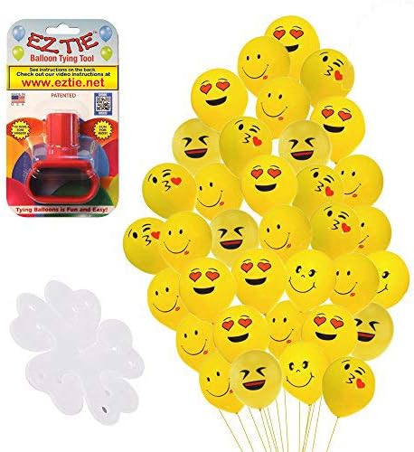 QP Latex Emoji Smiley Face 12" Balloons, (50 Pack). w/Balloon Tying Tool and 5 Flower Clips Accessory - Party Supplies