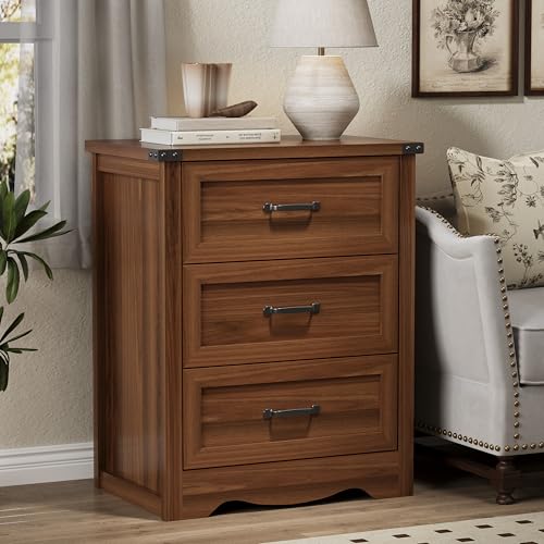 Image of Nightstand with 3 Drawers, 24 inch Wide Farmhouse Bedside End Table, Rustic Wood Side Table Night Stand with Mental Handle, Tall Modern Small Dresser Chest of Drawer for Bedroom, Living Room, Dorm, Walnut