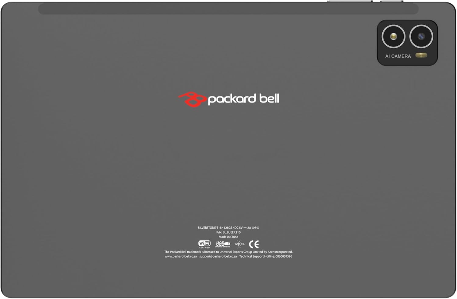 Назад view of the Packard Bell Silverstone T18 tablet, showing the Packard Bell logo and a dual camera module with 'AI CAMERA' text.
