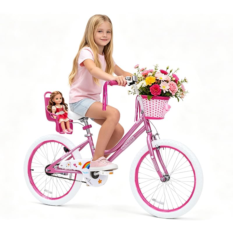 Image of WinHope Girls Bike with Doll Seat, 12 14 16 18 20 Inch Kids Bike for 2-12 | Dual Brake with Training Wheels / Kickstand & Streamers Birthday Gift for Toddler Outdoor Riding, Multiple Colors