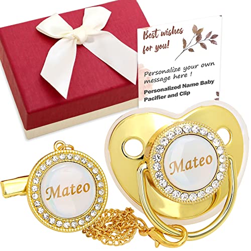 Golden Pacifier Personalized Name, Bling Pacifier with Gift Box and Greeting Card, Luxurious Glitter Crystal Dummy Ideal Gift for Boys Girls Baby Shower Newborn Photography(Gold)
