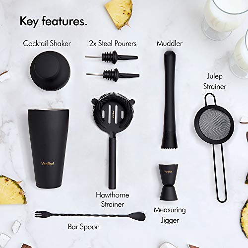 VonShef Matte Black Parisian Cocktail Shaker Set in Gift Box with 17oz Shaker, Muddler, Bar Spoon, Jigger, Hawthorne Strainer, Julep Strainer, Bottle Pourers and Recipe Book