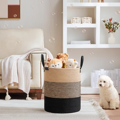 Image of VIPOSCO 53L Tall Woven Rope Laundry Hamper, Leather Handles, Brown & Black | Large Wicker Laundry Basket for Dirty Clothes, Blanket, Toy, Towel, Yoga Mat, Storage Bin in Bedroom, Bathroom, Living Room