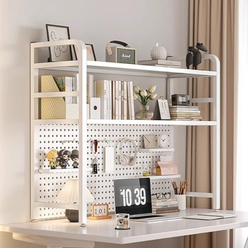 2段デスクトップ本棚 Shelf 収納ラック デスク 棚 ラック ディスプレイ 棚 穴パネル付きメタルデスクシェルフ 本棚 有孔ボード 棚 収納と整理 寮オフィスホーム用収納オーガナイザーラック(55cm/21.6in)