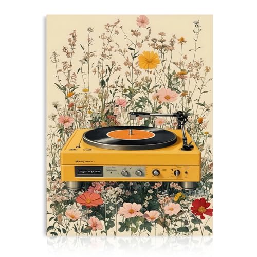 Dazzlewall Arte de Pared Tocadiscos Boho, Póster de Tocadiscos Amarillo Vintage y Campo Floral para Sala de Música Dormitorio 30×40 cm Sin Marco