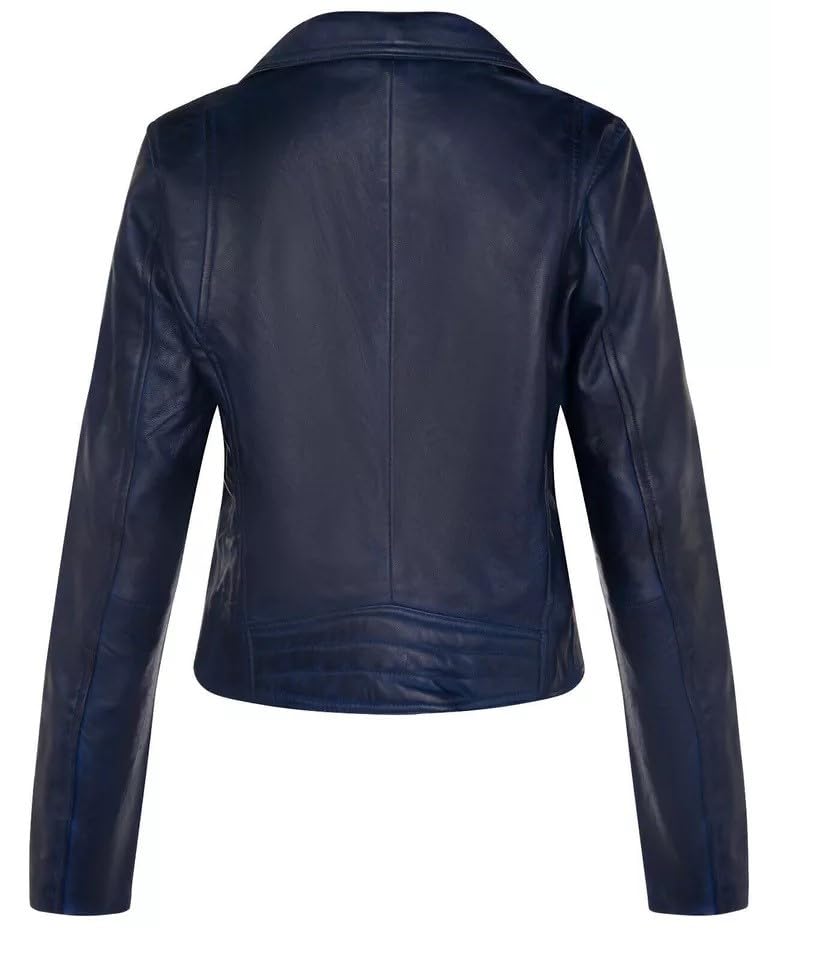 Ladies Real Lambskin Navy Blue Leather Biker Jacket Classic Nappa Women's Jacket3