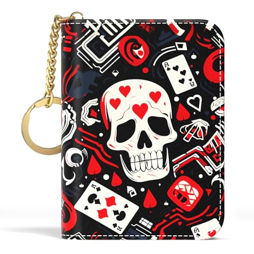 Image of Aiawoxc Credit Card Holder, Small RFID Wallet Slim Leather Card Organizer Case with Zipper and Keychain, Abstract Skull