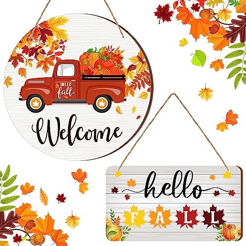2 Pcs Fall Autumn Wooden Hanging Sign Hello Fall Wood Welcome Sign with Bow Artificial Fall Leaves Rustic Farmhouse Door Hanger for Thanksgiving Holiday Office Home Window Decoration
