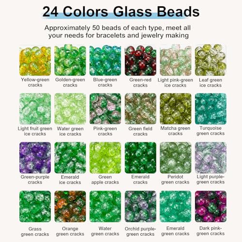 Image of XSEINO About 1200pcs 6mm Crack Glass Beads Bracelet Making Kit,24 Style Crack Mystic Green Series Colorful Crystal Beads for Jewelry Bracelet Making,DIY Crafts,Friendship Bracelets