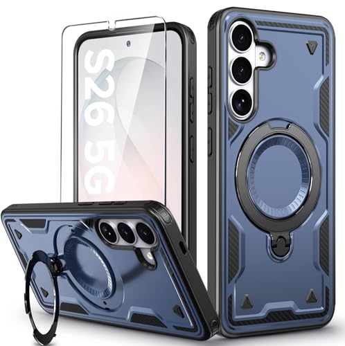 Image of for Samsung Galaxy S26 Case Magnetic with Stand, with Mag-Safe, with Screen Protector, Wireless Charging, Shockproof for Samsung S26 5G Phone Case, Ring Holder Cover for Samsung S26 Blue