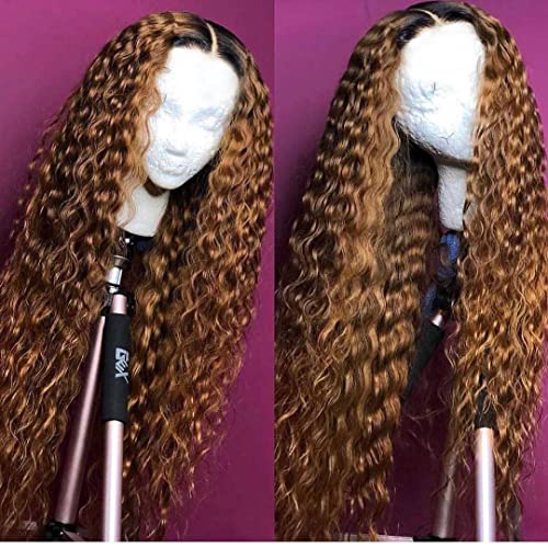 ANDRIA Honey Brown Wigs Curly Hair Dark Root Ombre Red Wig Glueless Wig Wet and Wavy Long Loose curly Synthetic Heat Resistant Fiber Black Middle Part Ombre Red Brown Hair Wig For Women 24 Inch