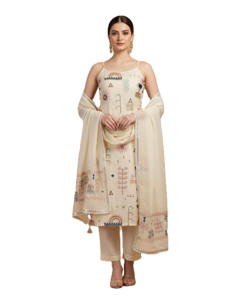 winso Spaghetti Style White Cotton Suit with Dupatta, Floral Print, Women's Ethnic Wear-picture-38
