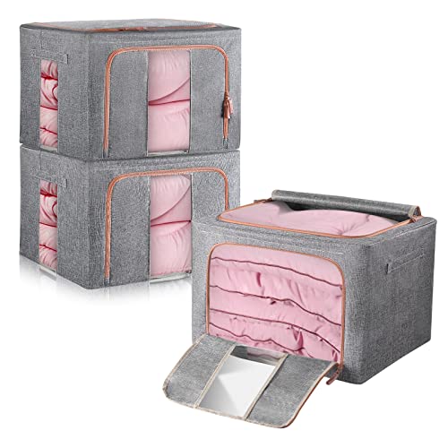 100l bolsa de almacenamiento de ropa marco de metal Fondo de grueso respirable lino resistente a la humedad a prueba de polvo doble cremallera adecuada para la ropa de cama de juguete manta (3 juegos)