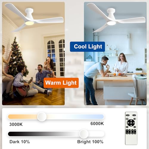 Image of Depuley 52-Inch Ceiling Fans with Lights: White 3 Blade Flush Mount Low Profile Ceiling Fan for Bedroom - Dimmable Indoor Outdoor Fan with Remote Control Ultra Quiet DC Motor Timer