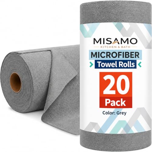 Image of Misamo Enterprise Microfiber Cleaning Cloth Roll, 25x25 cm, Reusable Tear-Away Towels, 20 Pack (Grey, Pack of 1)