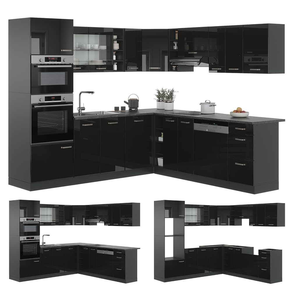 Vicco Cocina esquinera R-Line, Negro Brillo Intenso, 247 x 60 cm, ET Mármol, para planificación de Cocina Variable y ampliación Modular