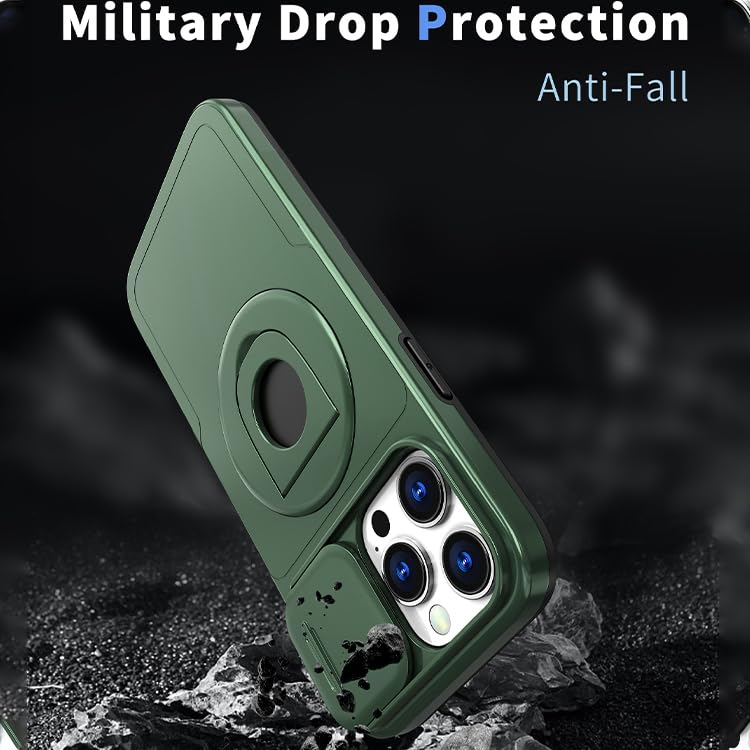Image of LuxuryKase MagSafe Shockproof Rugged Back Case for iPhone 15 Pro | Finger Ring Kickstand & Sliding Camera Cover | Military Drop Protection | Wireless Charging Support - Dark Green