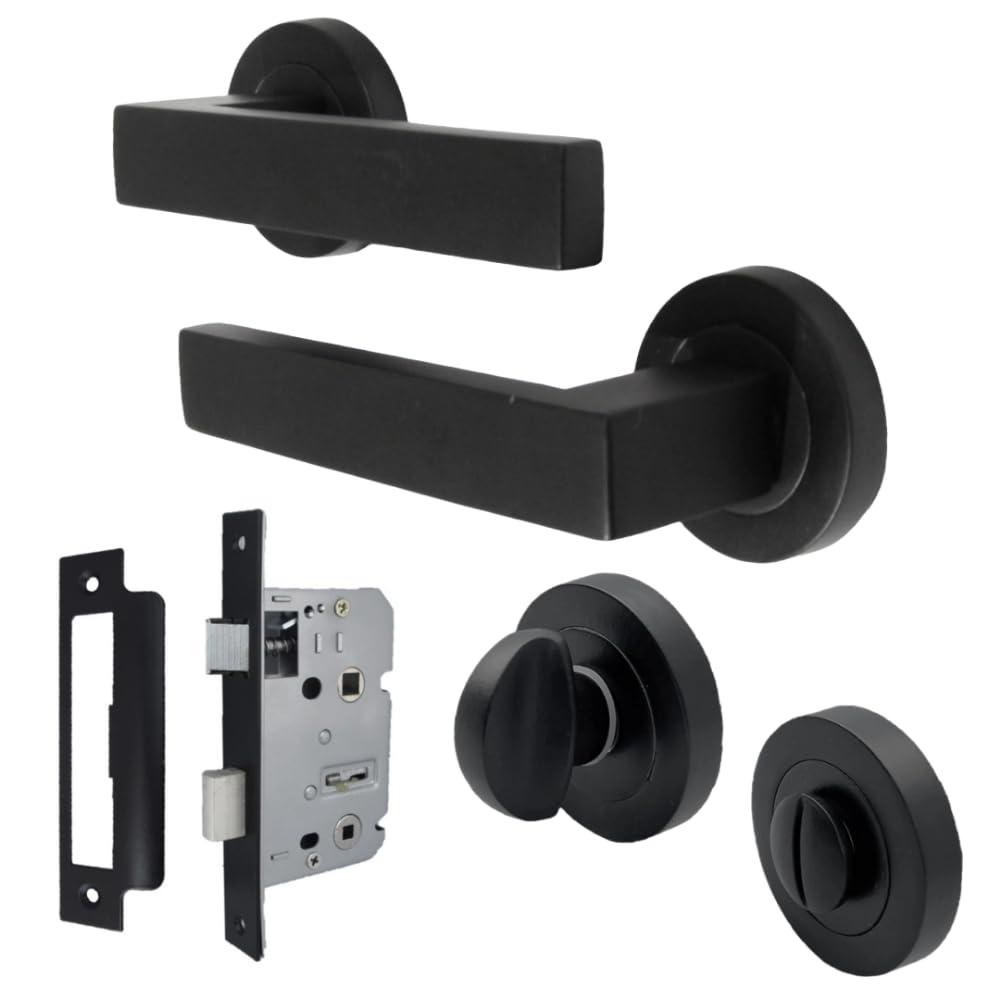 Epsom Door Handle Black Modern Bathroom Lever Rose Door Handle With Thumb Turn & Bathroom Sash Lock – 122Mm Handle, 52Mm Rose – Complete Privacy Set