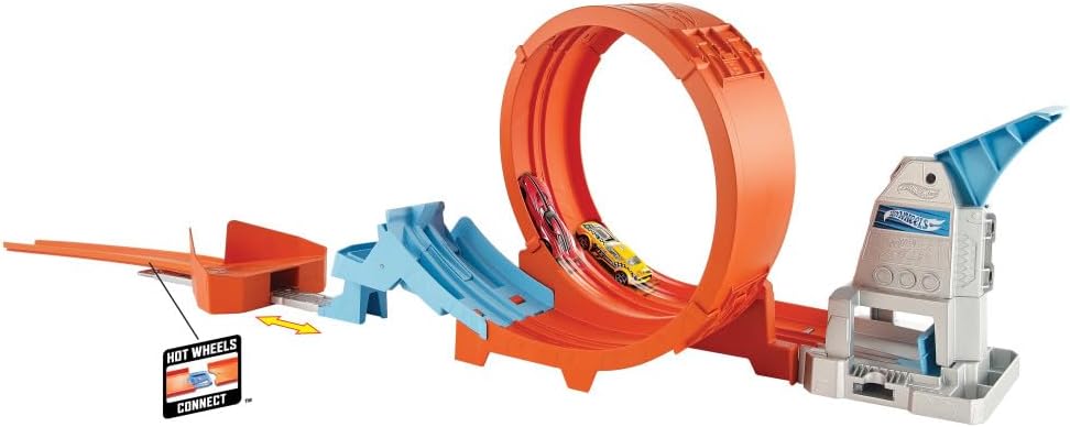 Hot Wheels Loop Stunt Champion track set assembled with two cars in the loop.