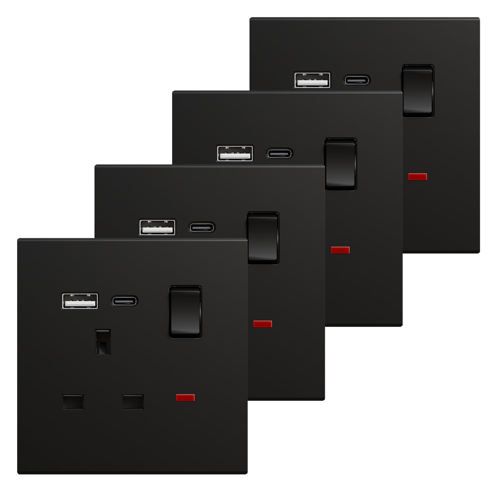 BSEED Single Socket with USB C 4 Pack, Electrical Single Switched Power Plug Wall Socket with LED Indicator, PC Wall Plate Outlet, Black, 13A