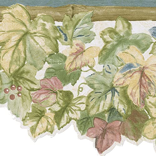 Concord Wallcoverings Wallpaper Border Floral Pattern Bamboo Ivy Leaves Berries For Living Room Cottage, Green Beige White Blue Red, 6.75 Inches By 15 Feet 30385382B #TOP13