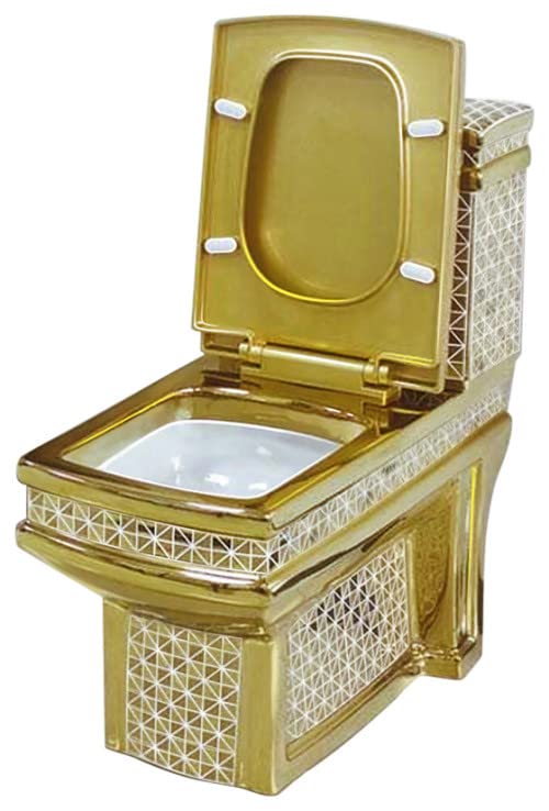 Inodoro moderno de una pieza con diseño decorativo en dorado y blanco, descarga dual potente y silenciosa para baño miniatura 1