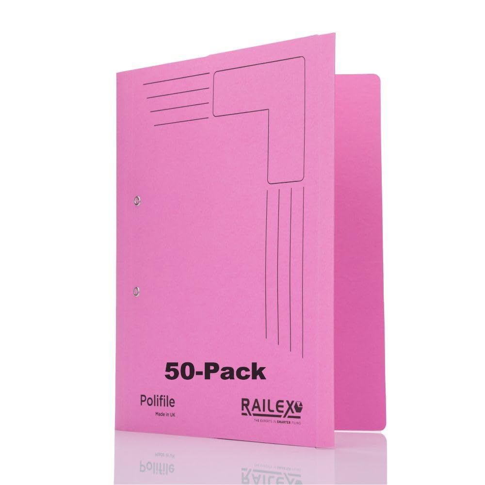 Railex Polifile A4 Folder - Cerise Pack of 50 for Paperwork A4, Lever Arch File and Ring Binder Alternatives with Flexible Spine and Document Wallet, Cardboard Folders with Durable Plastic Prong