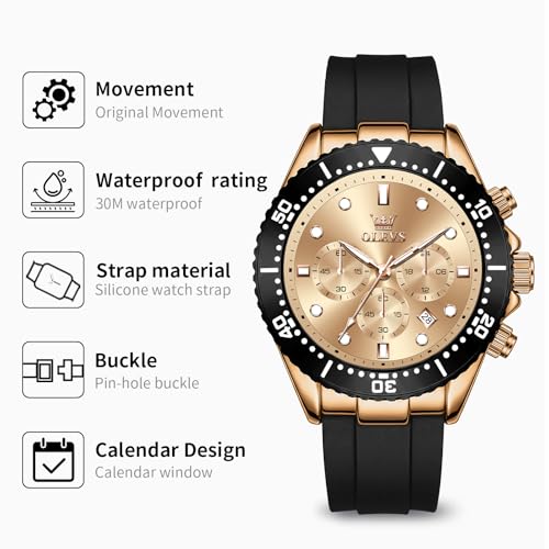 Image of OLEVS Men's Watches Sport Chronograph Analog Quartz Watch for Men with Date Waterproof Dress Casual Fashion Watch Soft Silicone Rubber Strap Band, Unidirectional Bezel & 42mm Big Face