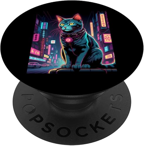 Miniatura 6 de Japanese Vaporwave Cat 80s Synthwave Graphic PopSockets MagSafe PopGrip for iPhone
