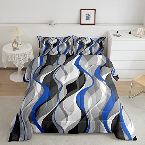 Blue Grey Black Stripes Comforter Set Full Size Kids Geometric Comforter for Boys Teens Geometry Bedding Set Modern Striped Art Abstract Art Duvet Set Room Decor Quilt Boys