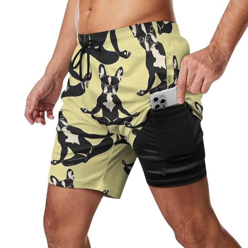 Boston Terrier Dog Yoga Beach Shorts for Men Swim Trunks Quick Dry Swim Shorts with Compression Liner Pocket2