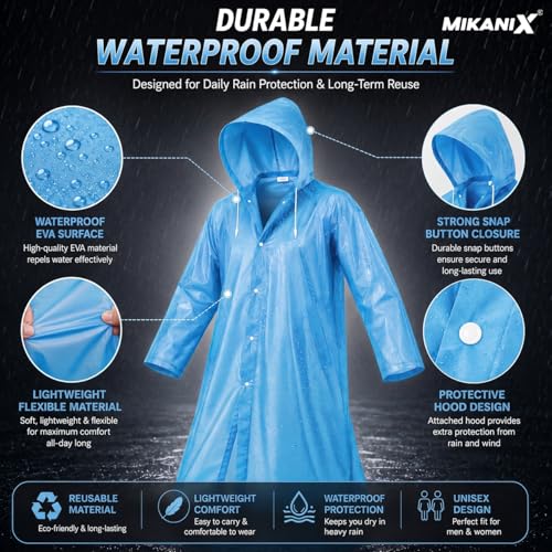 Image of MIKANIX Waterproof Hooded Raincoat for Men & Women | Full Length Reusable PVC Rain Wear | Lightweight Windproof Rain Jacket with Front Button Closure (Pack of 1)