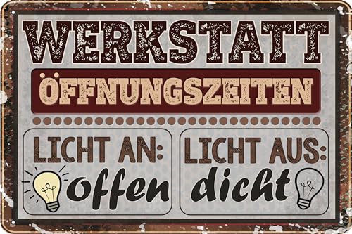 LUCKYLINDE Blechschild für WERKSTATT und GARAGE – lustiger Spruch, Werkstattregeln, Handwerker und Schrauber Deko Schild, 20x30cm (Öffnungszeiten)