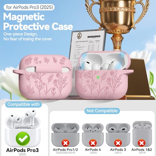 Image of for Airpods Pro 3 Case with Magnetic Lid, Flower Engraved Cases for Apple AirPods Pro 3rd Generation 2025, Soft Silicone Cover for Women Girly with Cleaner & Keychain, Shockproof