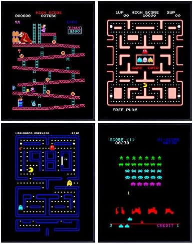 Classic Arcade Games - Arcade Decor - 8x10 Wall Art Prints Set for Man Cave, Den, Family Room, Bar, Bedroom - Gift for Gamers, Video Game, Atari, Pacman, Ms Pacman, Donkey Kong, Space Invaders Fans