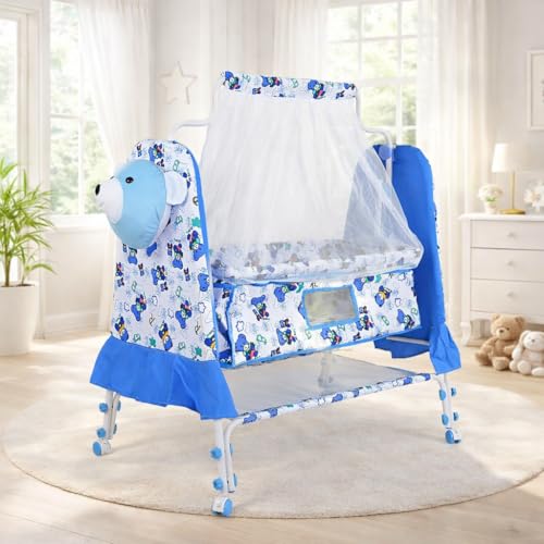 Image of BUBBLEBABY Baby Cradle | Jhula | Baggi | Palna | Ghodiyu | Ventilated | with Swing & Mosquito Net | 0-12 Months | Four Wheels with Brake | Storage | Polypropylene | Safe & Sturdy | Foldable | Blue