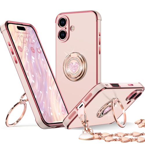 Coque iPhone 2025 anti-chute rose avec support double anneau pour ne plus faire tomber votre téléphone