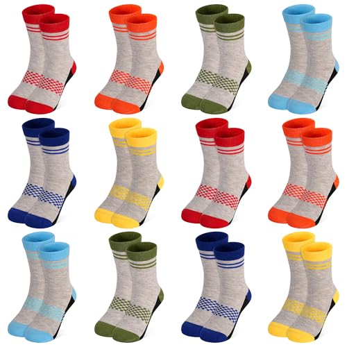Image of 12 Pairs Boys Crew Socks, Kids Athletic School Socks Ages 2-13 | Fashion vibrant checkered patterns,perfectly fit school, sports, playdates and all daily occasions