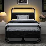 Catrimown Twin Bed Frame with LED Lights, Heavy Duty Metal Rustic Twin Platform Bed Frame with Wood Headboard, Noise Free, No Box Spring Needed, Black