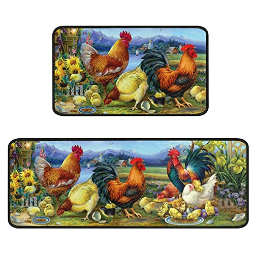 Rooster Kitchen Rug Decor 2 Pieces Set Farmhouse Style Kitchen Mat Washable Runner Rug Chicken Sunflower Decoration Indoor Floor Mat 17" X 47" + 17" X 30" #TOP4