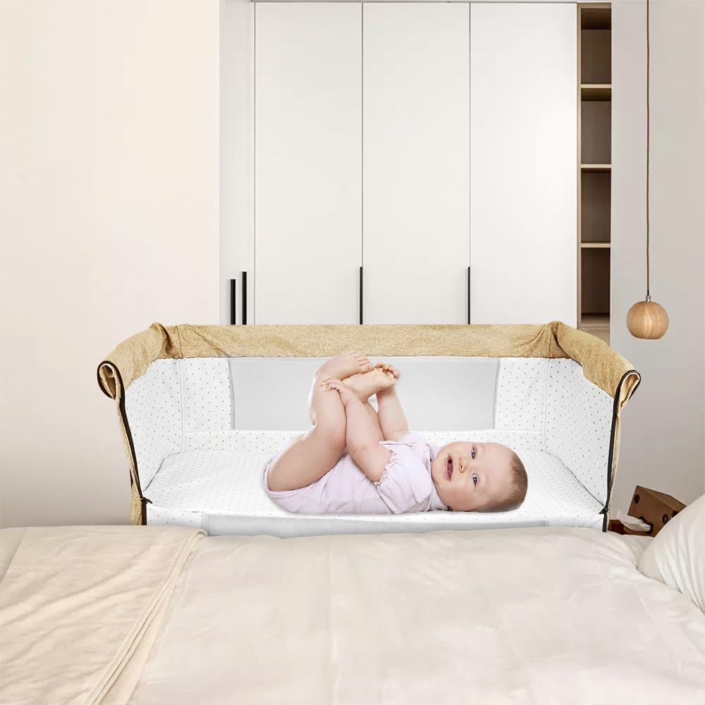 OHMG 3 en 1 Lit Cododo Bébé avec Matelas et Roues,Berceau évolutif,LIT Bebe,Parc Enfant,4 Hauteur Réglable et de l’Inclinaison,Charge 9kg pour 0-5 Mois,104 * 52 * 103-115cm (Blanc cassé)