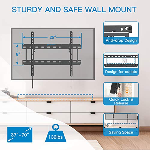 PERLESMITH PSLTK2 Tilting TV Wall Mount Bracket Fits for 16",18",24" Studs, Low Profile Tilt TV Mount for Most 37-70 Inch LED, LCD, OLED, Plasma Flat Screen TVs with VESA up to 600x400mm 132lbs