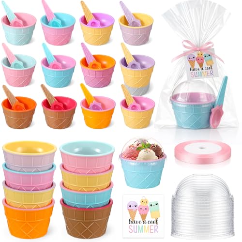 Maxdot 36 Pack End of Year Gift Ice Cream Bowl Set with Spoons Clear Dome Lids Gift Bags & Cards and and Pink Ribbon Reusable Plastic Dessert Cups for Yogurt Party Favors Summer Events