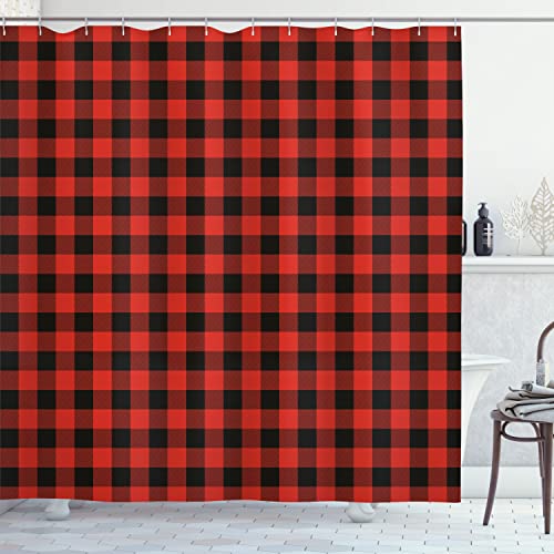 Ambesonne Plaid Shower Curtain, Lumberjack Fashion Buffalo Style Checks Pattern Retro Style with Grid Composition, Cloth Fabric Bathroom Decor Set with Hooks, 69" W x 75" L, Orange Black