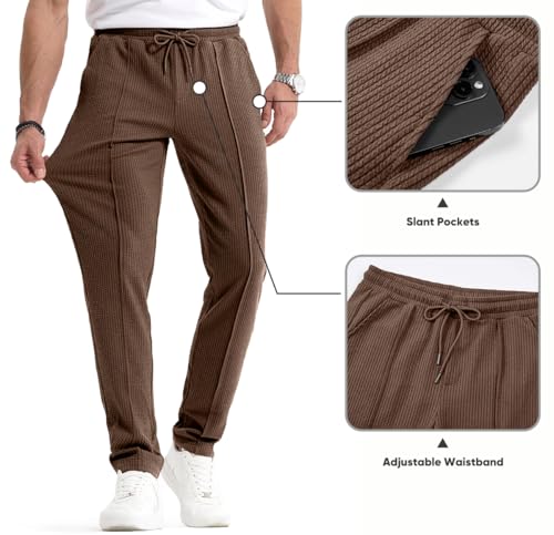 JMIERR Men's Casual Pants Lightweight Stretch Ribbed Knit Textured Drawstring Slim Fit Tapered Pants with Pockets2