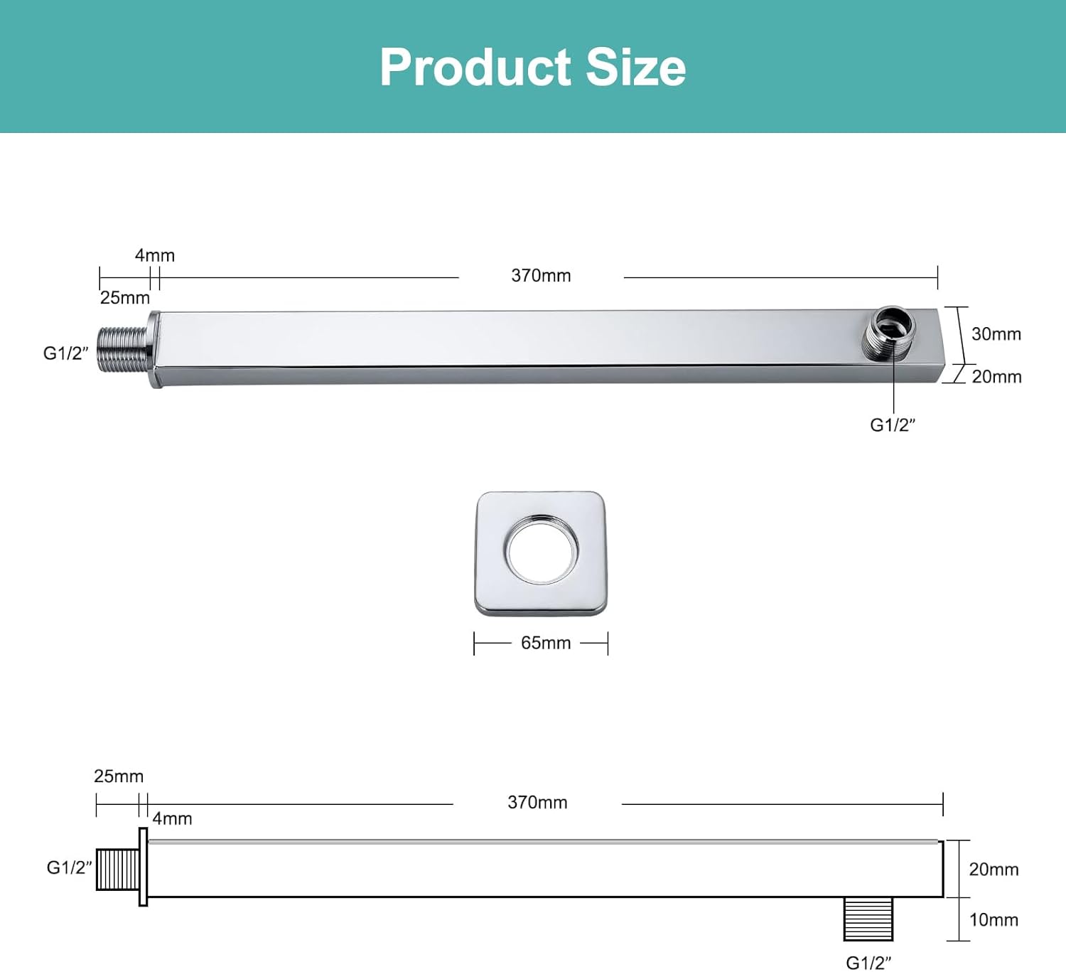 Shower Arm, 16 Inch Rectangular Shower Head Extension Arm with Flange and Teflon Tape, Made of Stainless Steel, Wall Mounted Pipe for Shower Head Straight Shower Pipe for Modern Bathroom (Chrome)