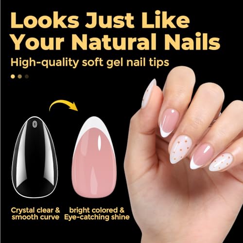 Image of UNA GELLA Short Almond Nail Tips Pre-shape Short Almond Gel Nail Tips 216pcs Press on Nails 12 Sizes Soft Gel Acrylic Clear Fake Full Cover for Nails Extension Home DIY Salon