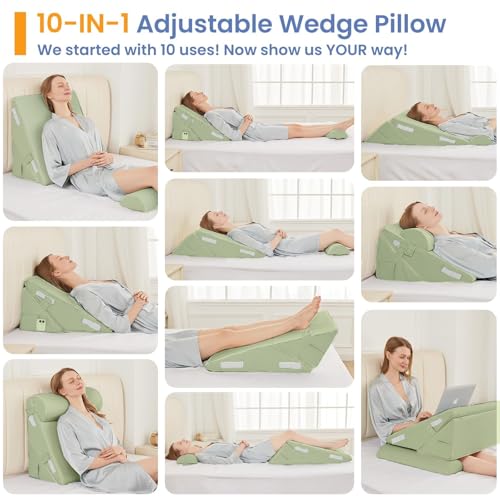 Image of Sasttie Wedge Pillow Set for After Surgery, 2PCS Adjustable Bed Wedge Pillow Headboard with Memory Foam Neck Cushion - for Acid Reflux, Sleeping, Neck & Back Support, Sage